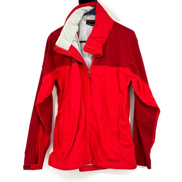Marmot Size Medium Coat Red Hidden Hood Zip Up Winter Snow Rain Insulated - Picture 1 of 7